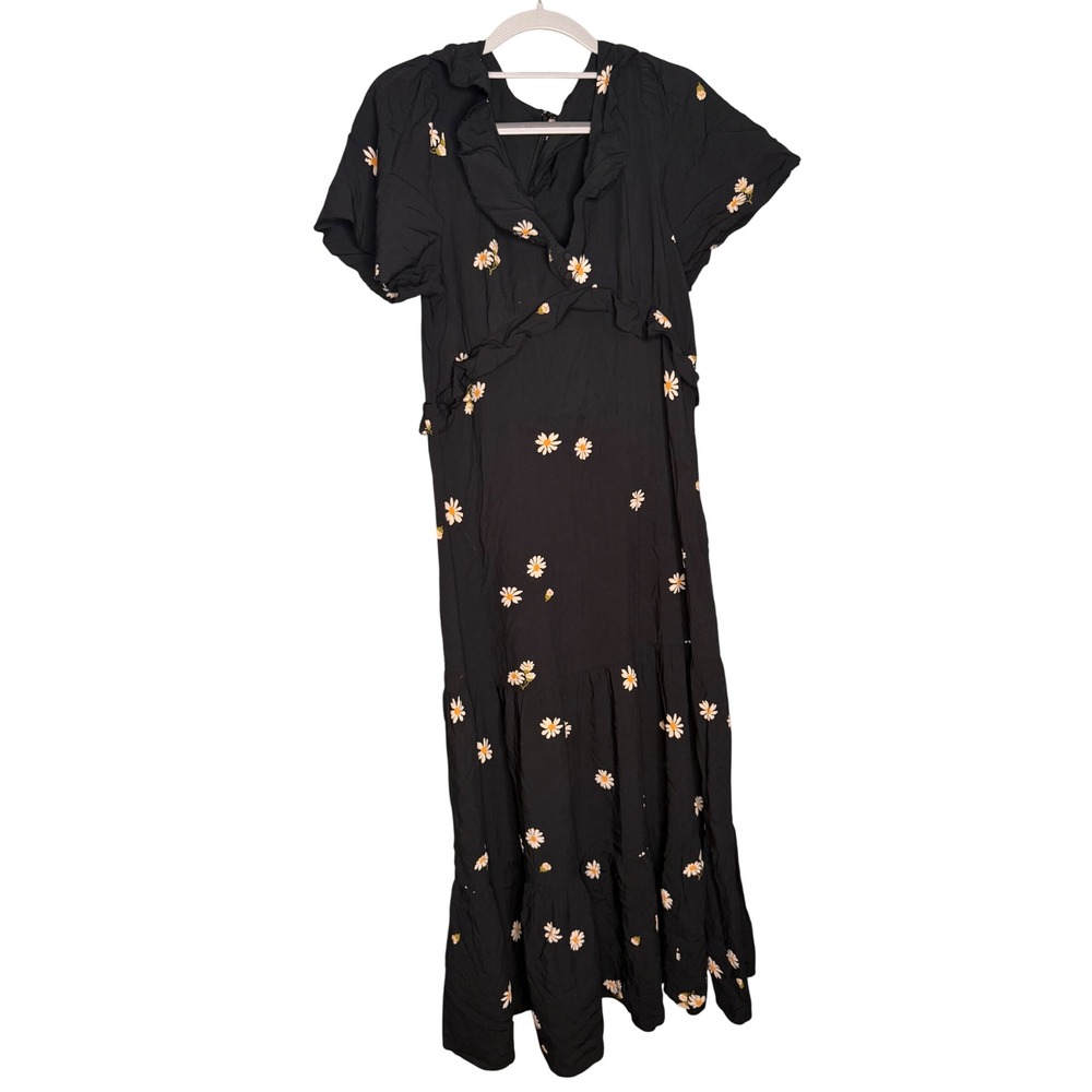 Madewell Black Daisy Floral Ruffle V-Neck Tiered Midi Dress Size 4
